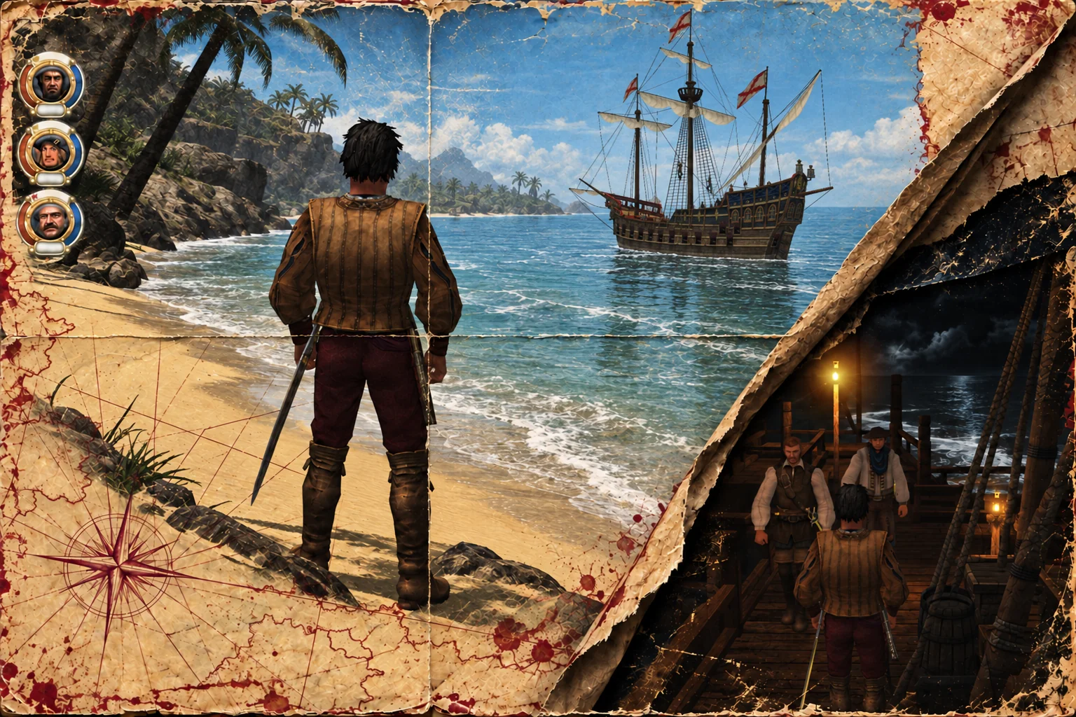 Actual Corsairs gameplay reworked as weathered naval-chart cover art, with the captain facing a ship at sea and a nighttime deck scene